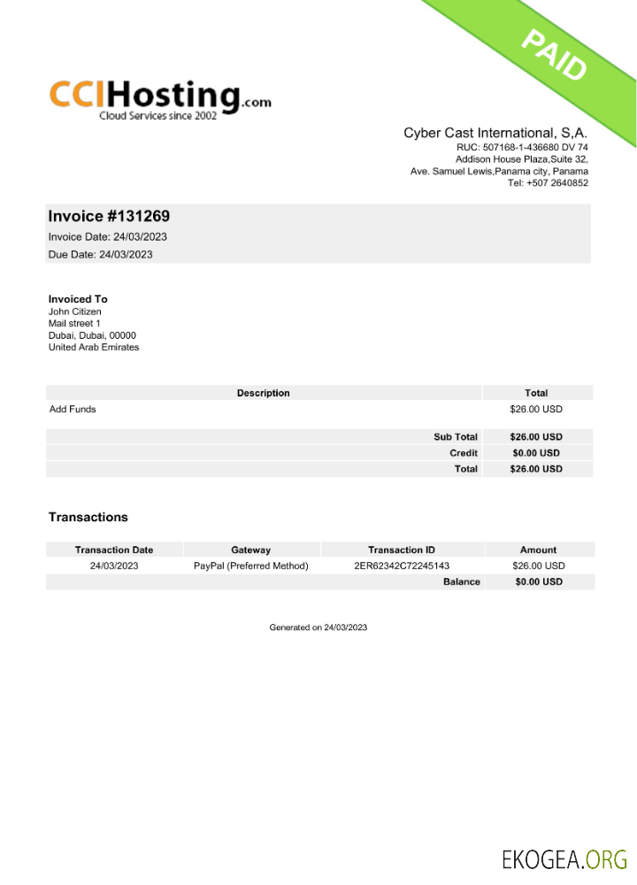 Modèle Word et PDF de facture Cyber ​​Cast International des EAU